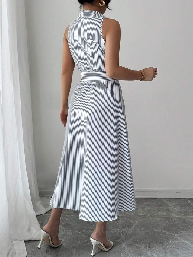 elegant striped sleeveless collared midi shirt dress