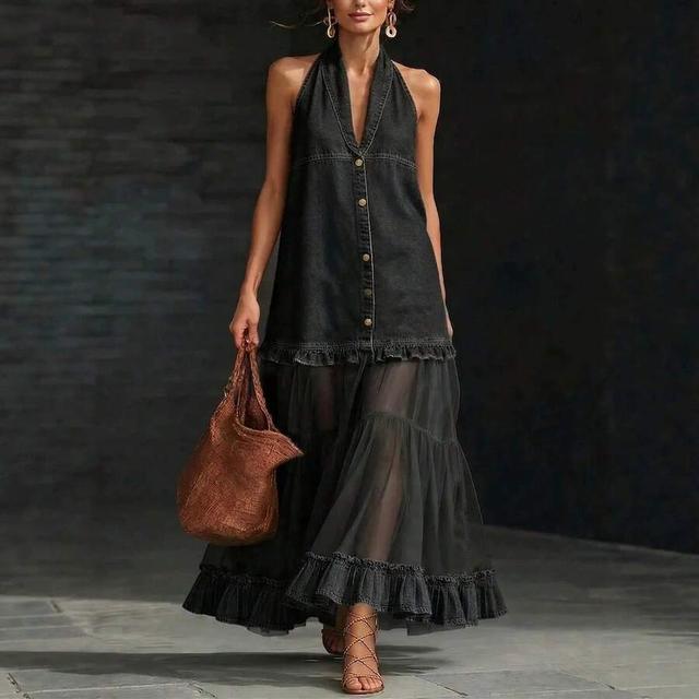 dark denim halter maxi dress with tiered tulle skirt