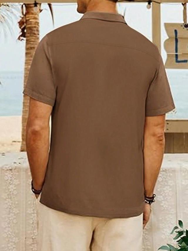 dark brown contrast color stitching stand collar short sleeve shirt