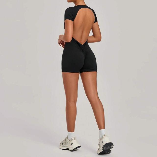 black open back short yoga bodysuit