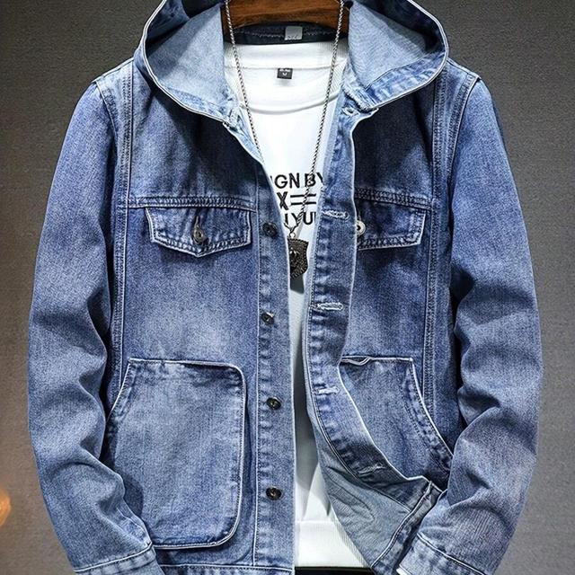 blue men's hooded black denim casual jacket
