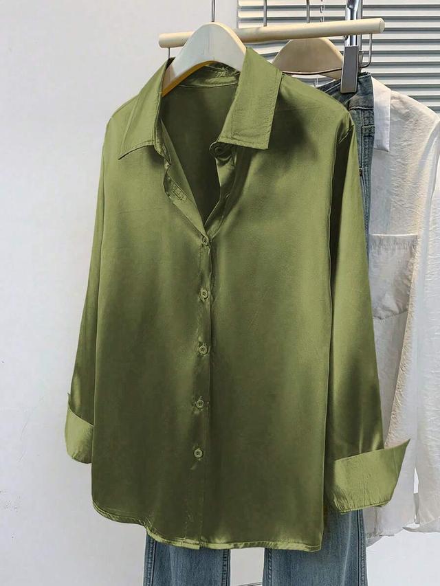 white women's olive green satin button-down shirt