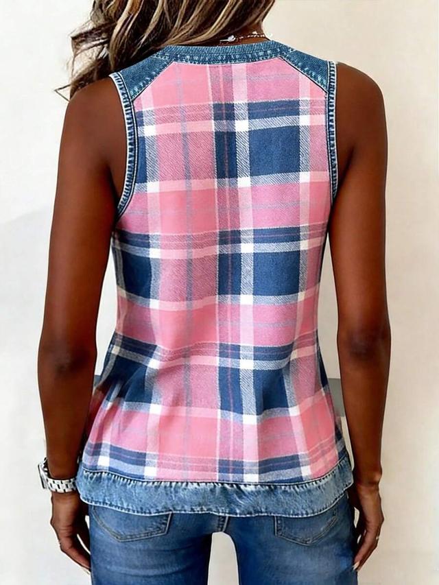 plaid v-neck sleeveless top with denim trim