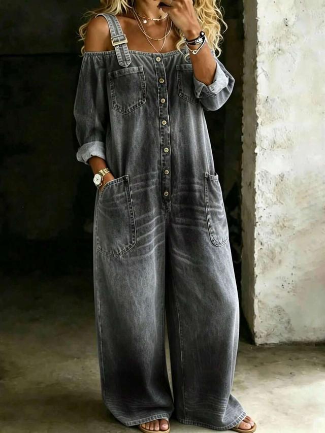 grey fashionable single-button open-back denim suspender trousers