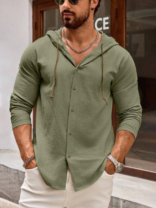 men's olive green cotton linen hooded button shirt