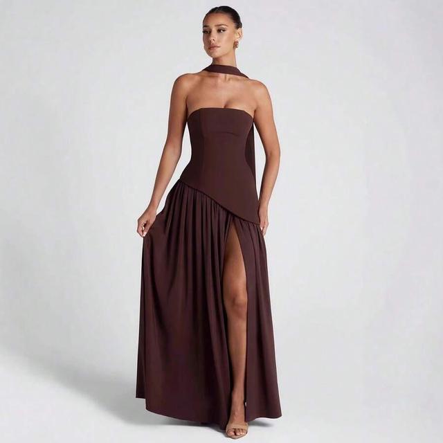 brown strapless pink crepe maxi dress with high slit