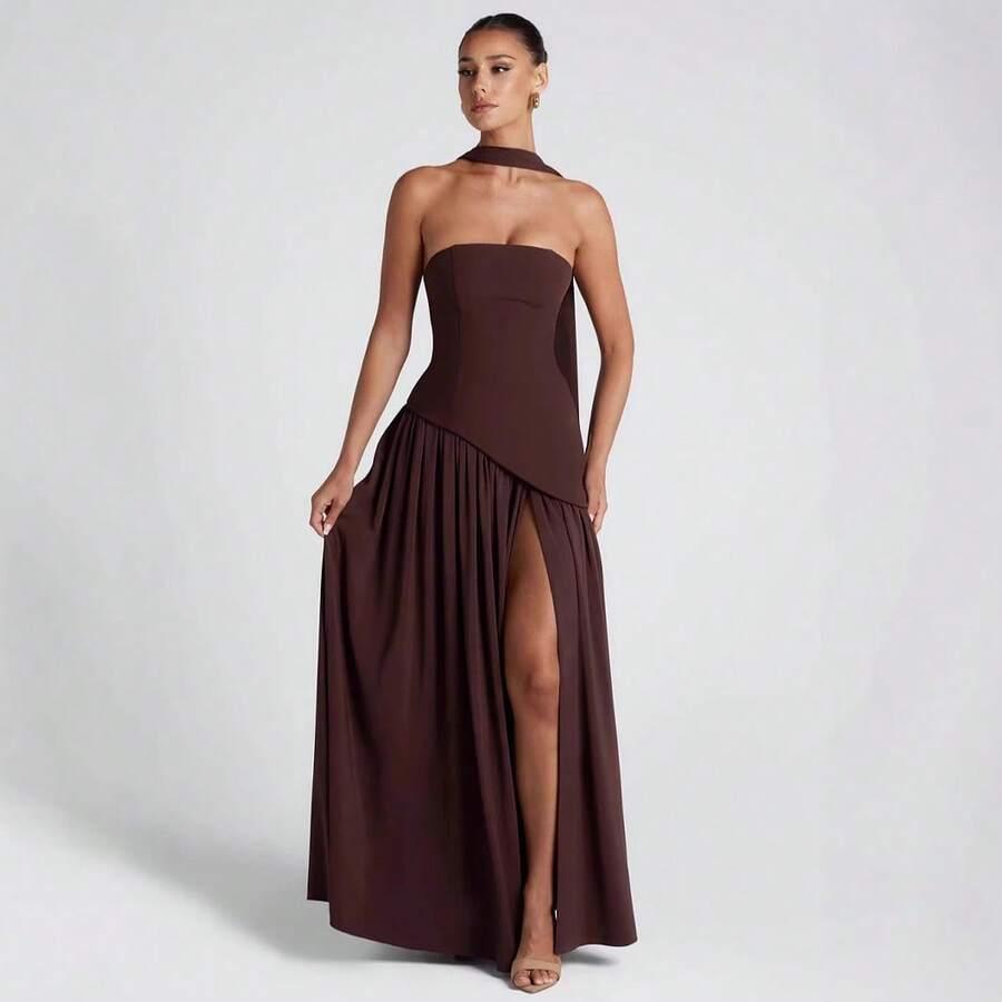 brown strapless pink crepe maxi dress with high slit
