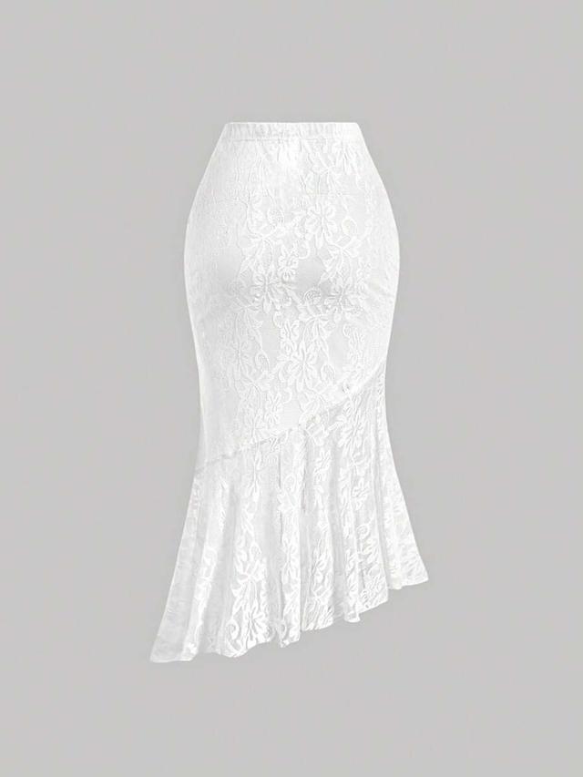 white lace patchwork ruffle hem midi skirt