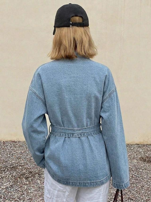 blue denim v-neck long sleeve tie waist kimono top