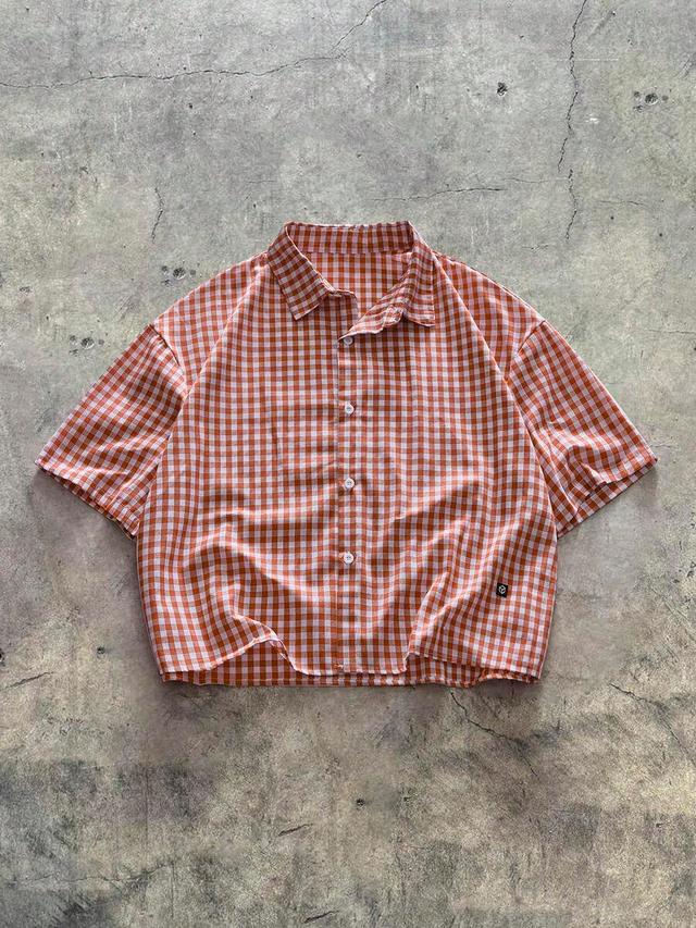 orange and white plaid cropped casual shirt