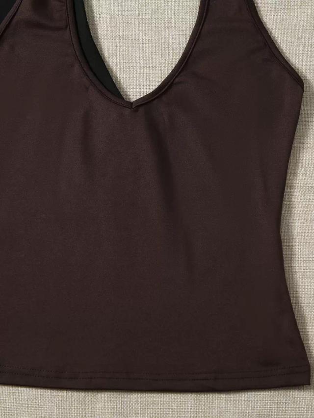 brown backless halter neck tank top