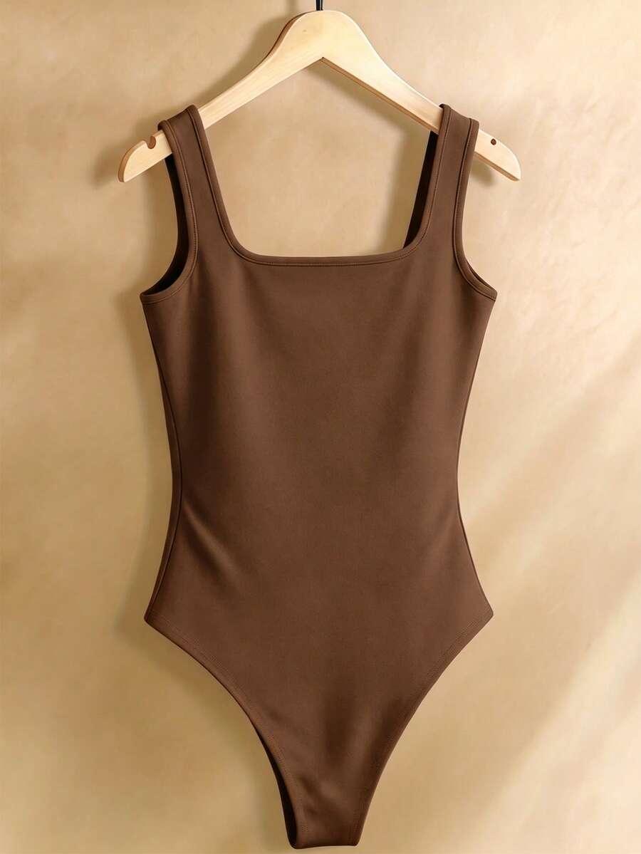 brown resyla women's minimalist solid color square neck bodysuit