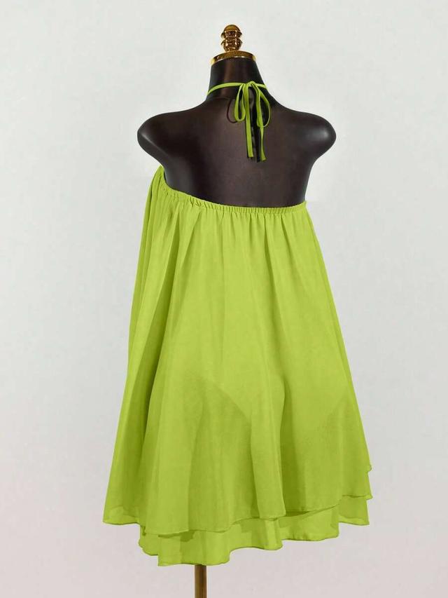 lime green chiffon layered ruffle sleeveless mini dress