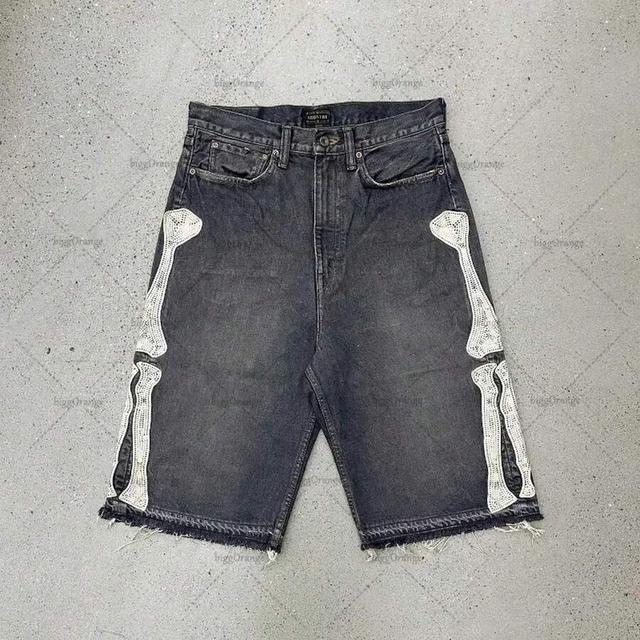 dark grey bone men's camo distressed denim cargo shorts