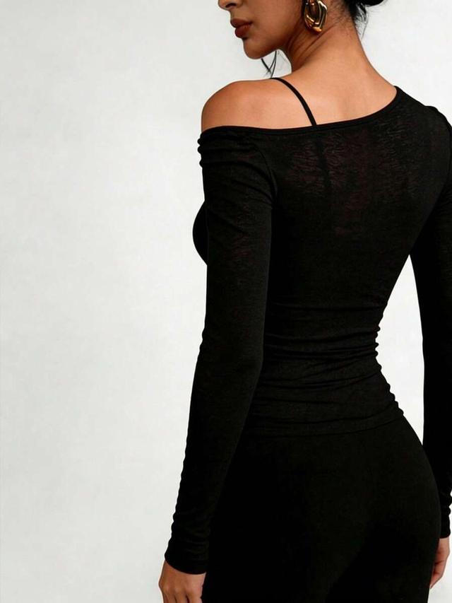 black sheer long sleeve asymmetrical shoulder mesh top