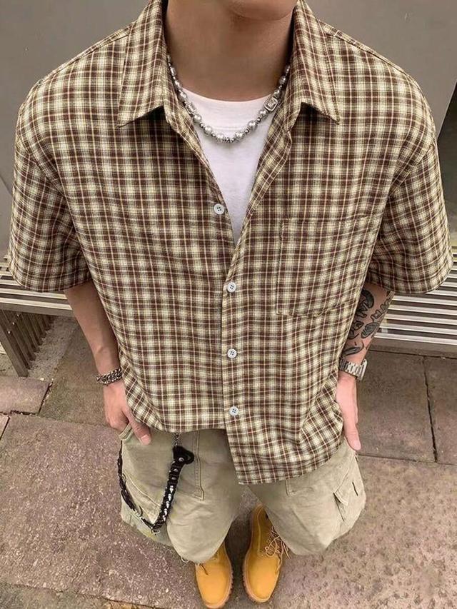 brown plaid plaid short sleeve button down shirt
