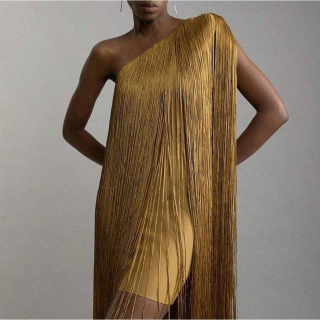 golden one-shoulder fringe embellished cocktail dress