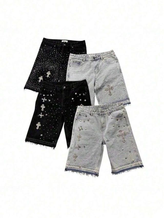 light blue multi-cross cross embellished loose five-point shorts