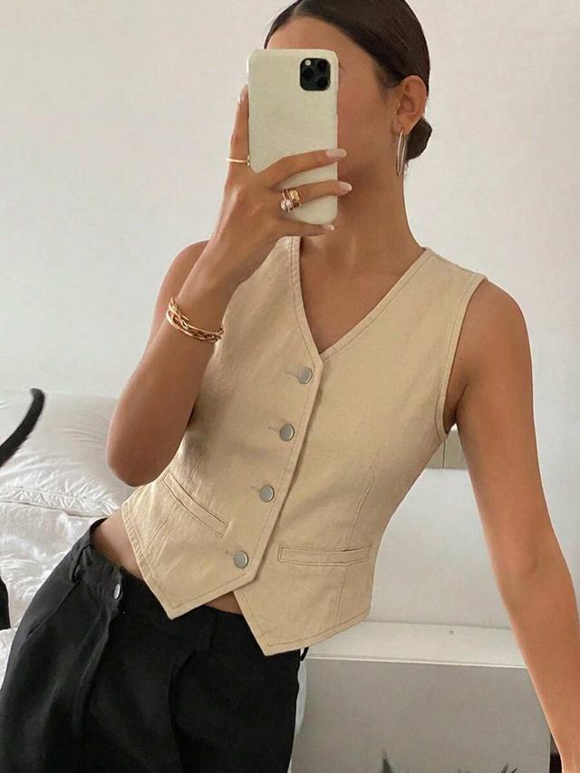 dazy women's v-neck sleeveless beige denim vest