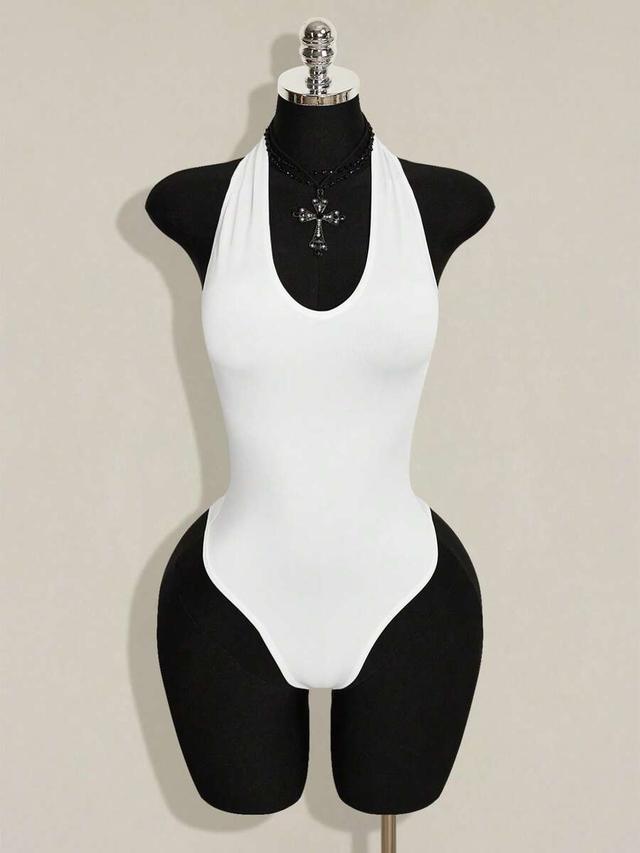 white halter neck casual tank top bodysuit