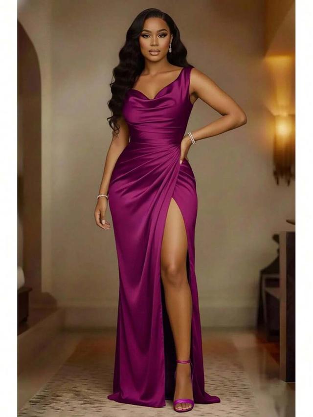 purple satin shiny maxi dress with draped neckline and slit