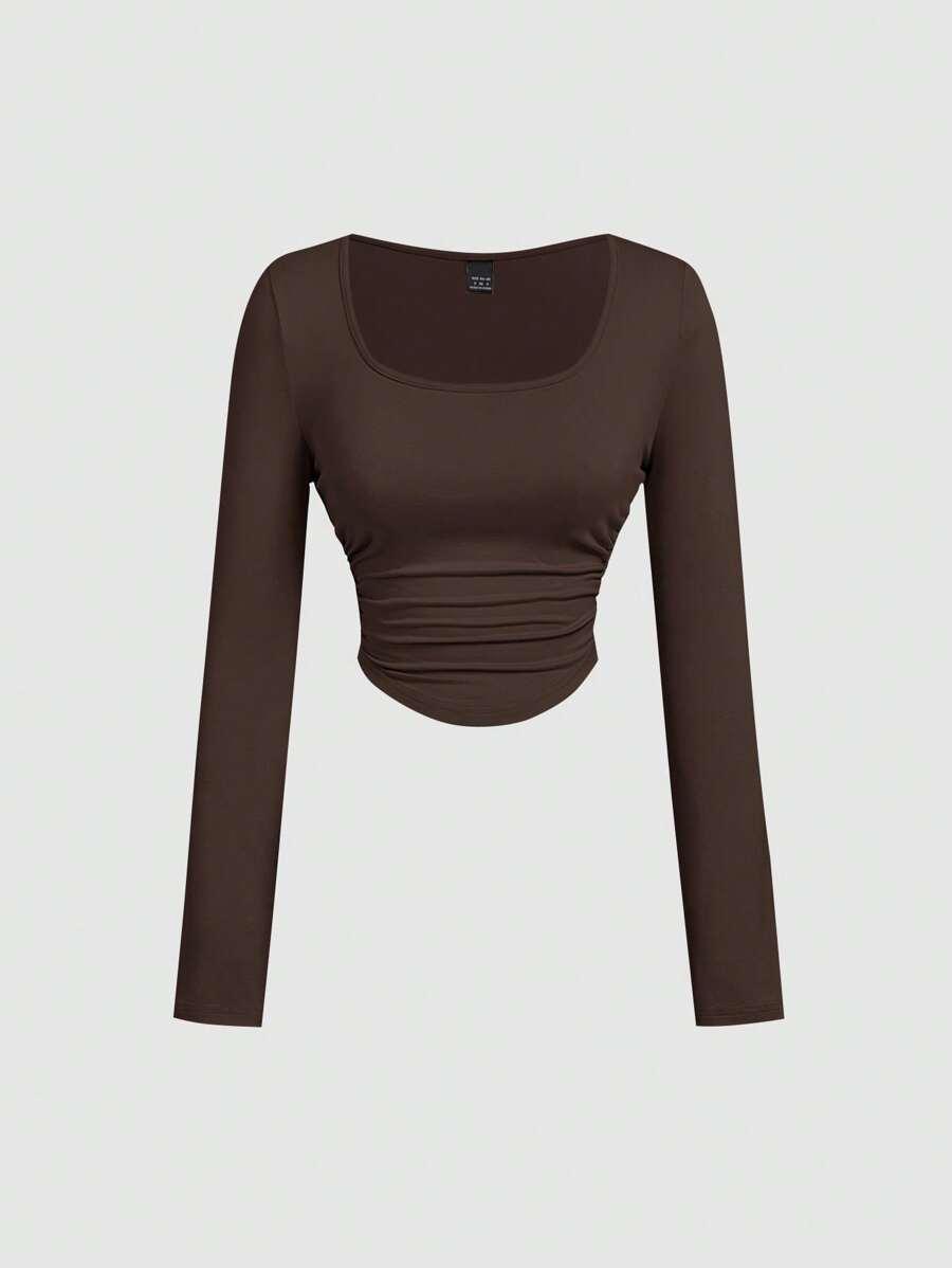 brown pleated square neck long sleeve casual top