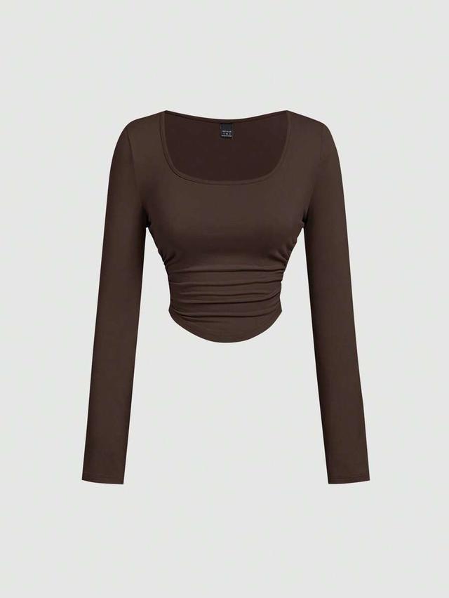 brown pleated square neck long sleeve casual top