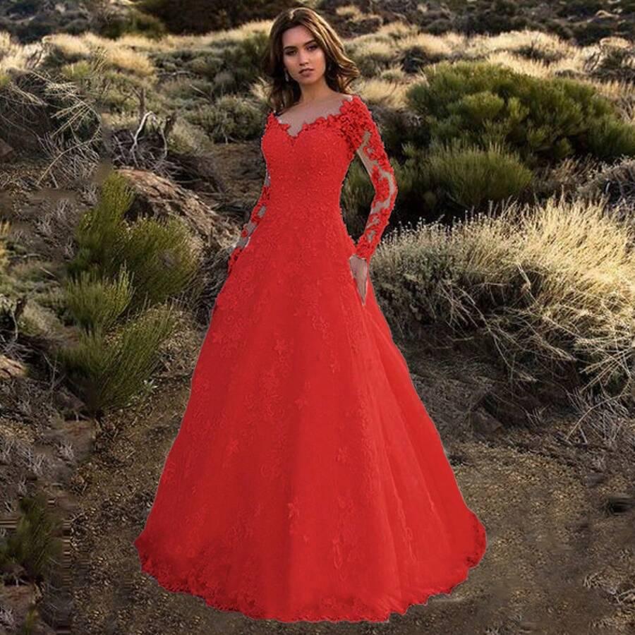 red long sleeve lace applique bridal gown