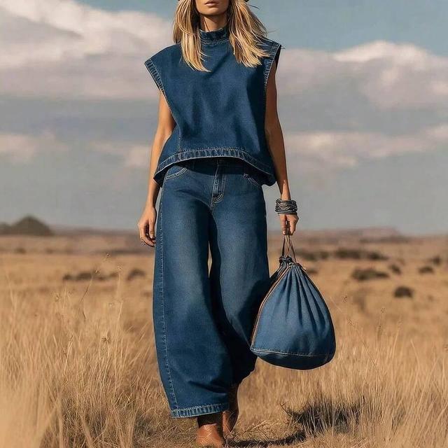 royal blue stand-up collar sleeveless casual loose denim top