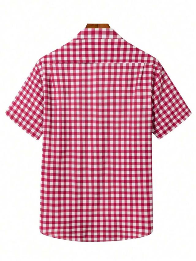 red short sleeve plaid shirt with embroidered logo