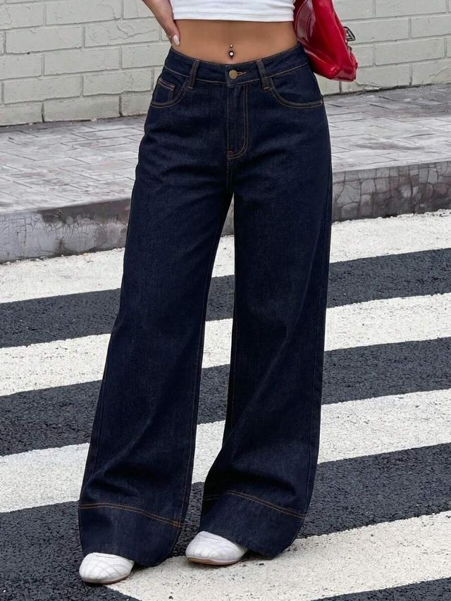 dark blue tall women's high waist wide leg denim jeans