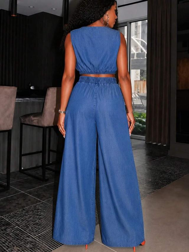 denim sleeveless crop top and wide-leg trousers set