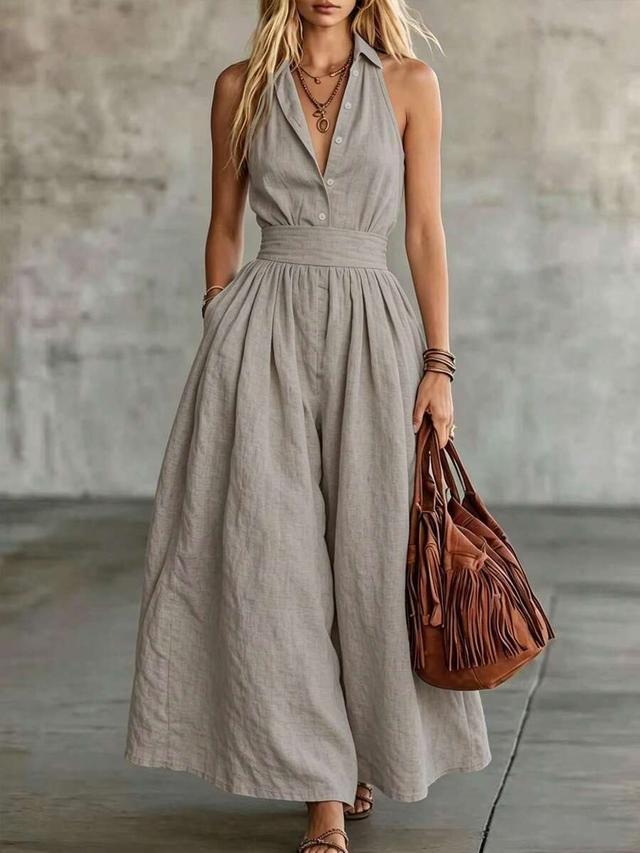 grey french elegant woven solid gray polo collar sleeveless dress