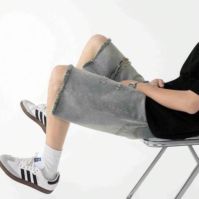 grey distressed light wash denim loose fit shorts