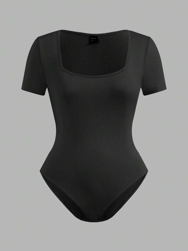 black square neck short sleeve bodycon bodysuit