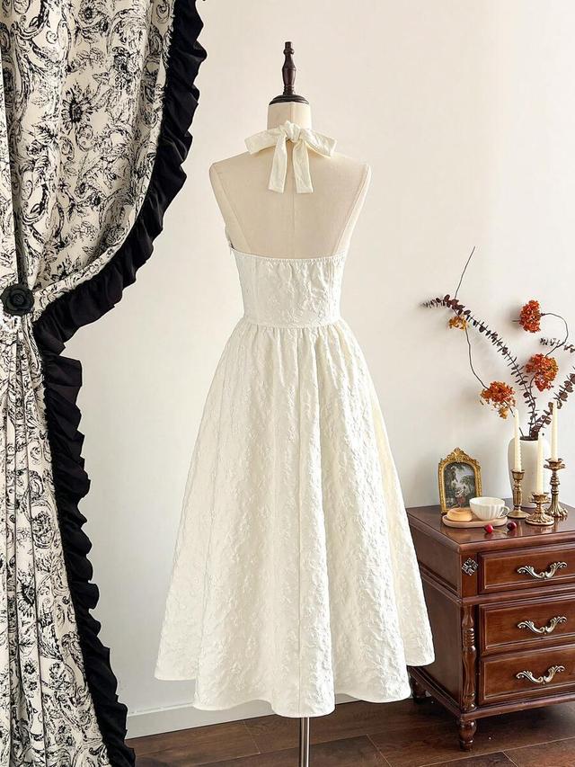 vintage classic elegant off-white jacquard halter neck dress