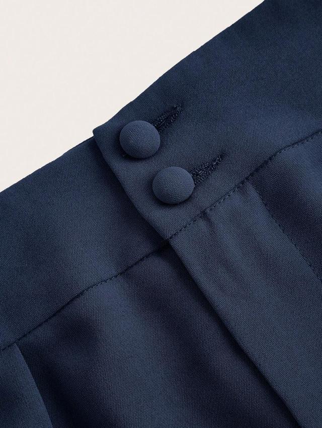 navy high-waisted pleated wide leg trousers