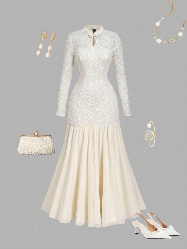 cream white lace mandarin collar fishtail dress