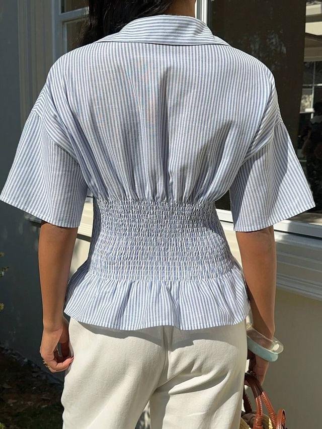 blue and white striped woven cotton shirt