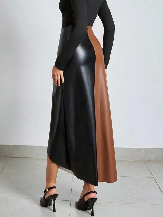 brown black faux leather color block asymmetric midi skirt