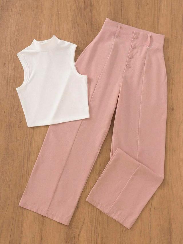 white and pink casual straight leg pants and white turtleneck top