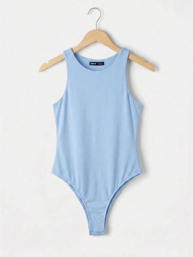 light blue casual round neck sleeveless fitted knit bodysuit