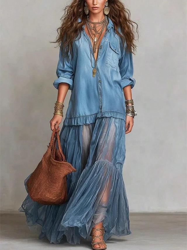 blue shirt dress with sheer layered skirt