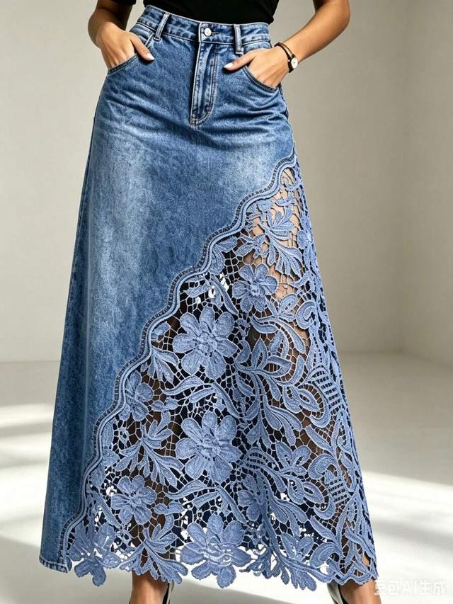 light blue skirt with floral lace trim inlay