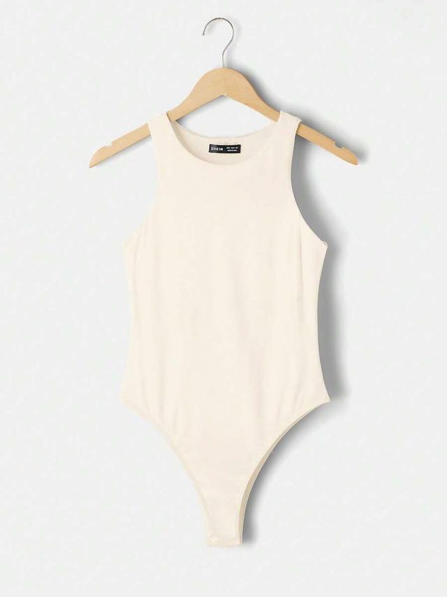ivory casual round neck sleeveless fitted knit bodysuit