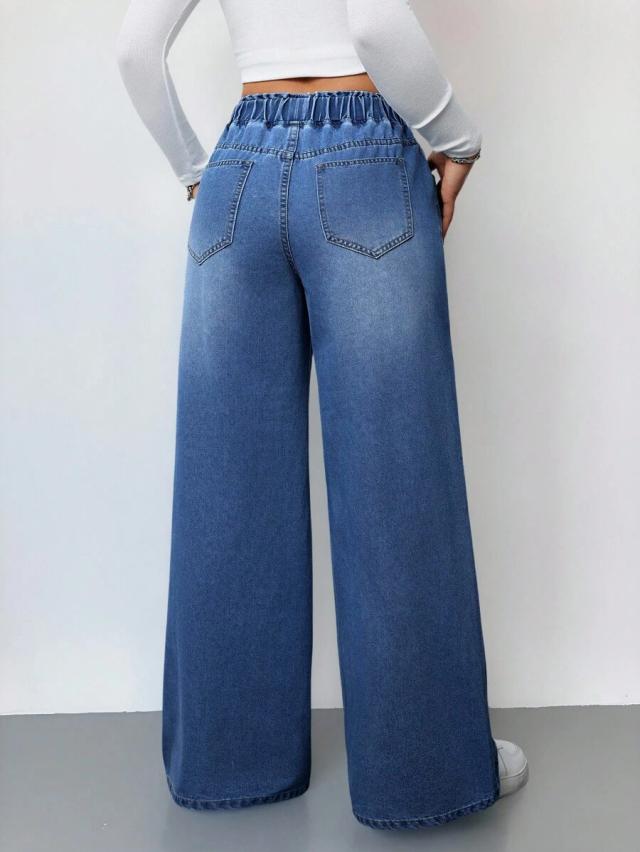 blue denim wide-leg elastic waist casual jeans