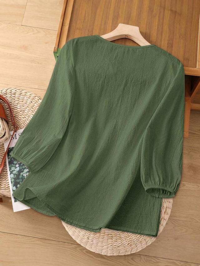 green v-neck embroidered short sleeve cotton blouse