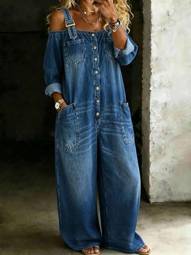 dark blue fashionable single-button open-back denim suspender trousers