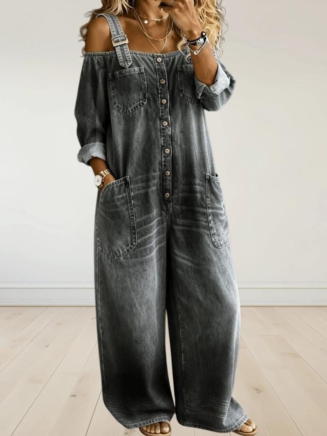 dark grey off-shoulder button-front wide-leg overalls