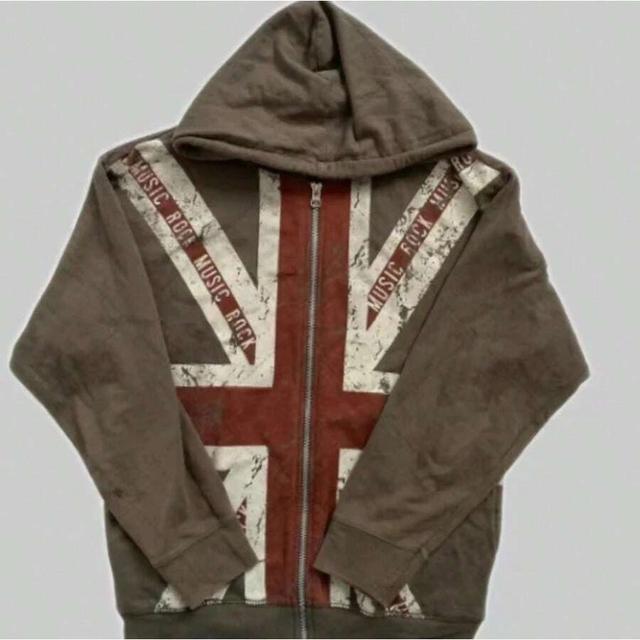 brown polyester zip-up hoodie with union jack print